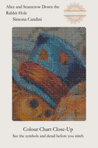 Alice and Scarecrow Down the Rabbit Hole colour chart close-up, showing symbols over the blue top hat, Sunflower Stitches.