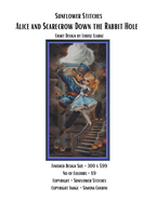 Alice and Scarecrow Down the Rabbit Hole chart cover, showing the pair above winding stairs and pumpkins, Sunflower Stitches.