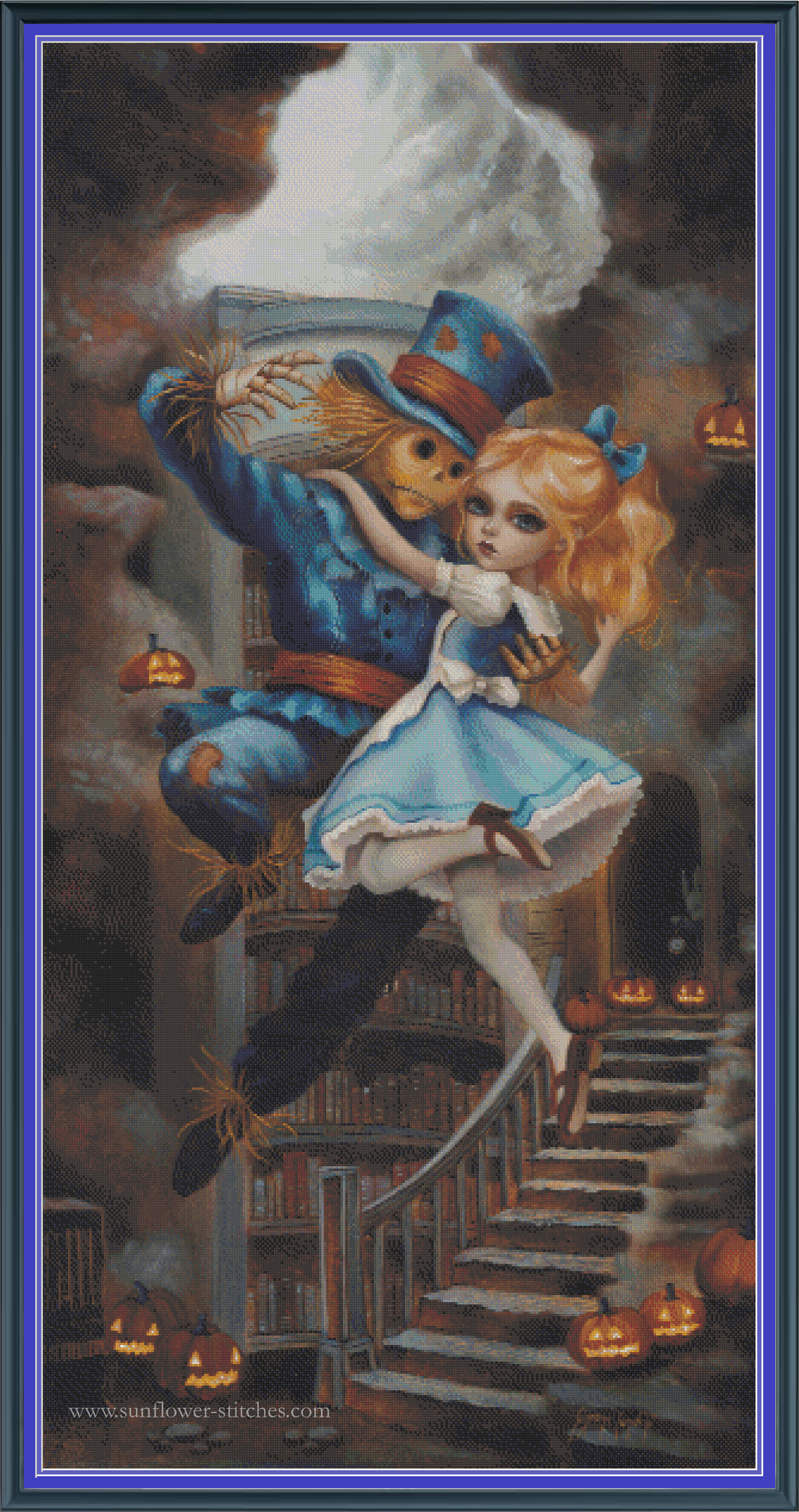 Alice and Scarecrow Down the Rabbit Hole cross stitch mock-up, showing winding stairs and glowing pumpkins, Sunflower Stitches.