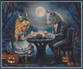 A cross-stitch pattern depicting Alice from Alice in Wonderland as a girl with a large bow sitting across from the White Rabbit in a moonlit forest. They are seated at a small table with pumpkins, with carved jack-o'-lanterns in the foreground.