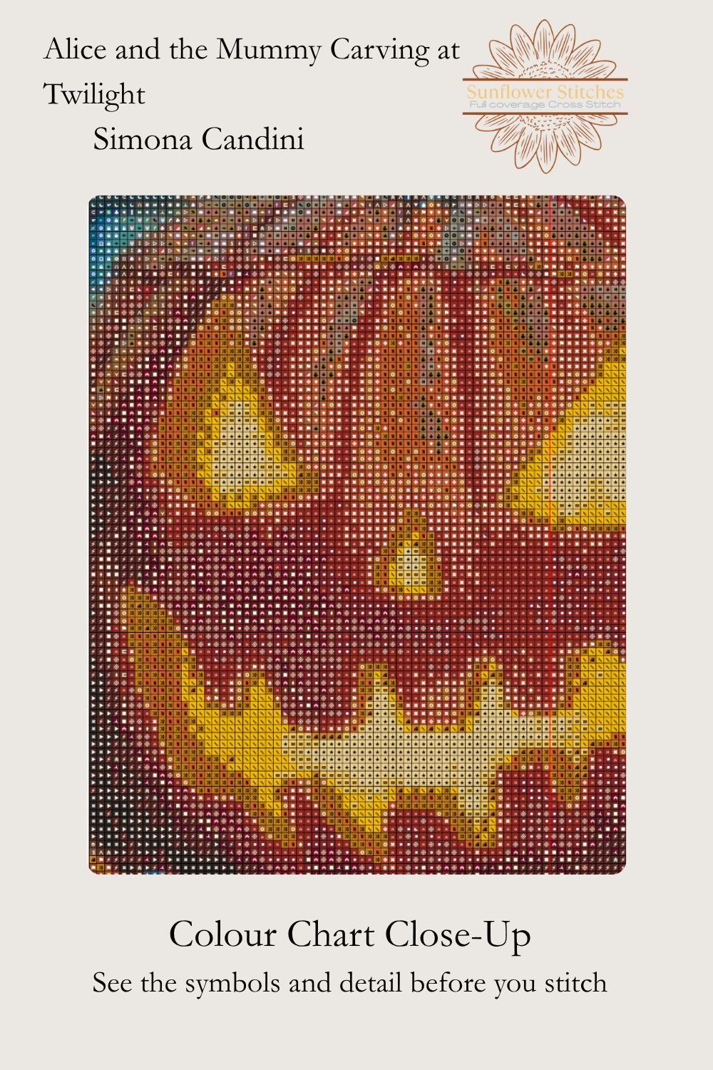 Alice and the Mummy Carving at Twilight colour chart close-up, showing symbols over the glowing pumpkin, Sunflower Stitches.