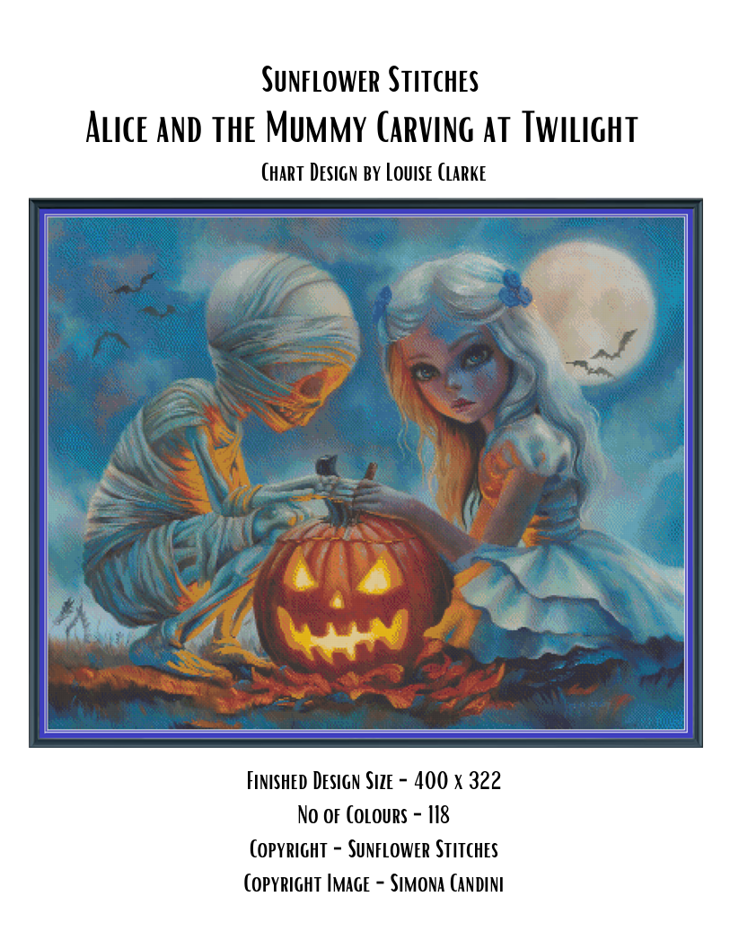 Alice and the Mummy Carving at Twilight chart cover, showing the pair carving a glowing pumpkin, Sunflower Stitches.