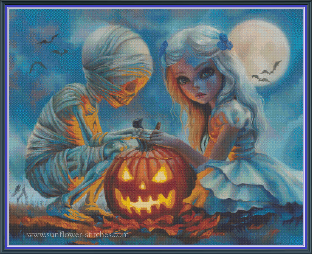 Alice and the Mummy Carving at Twilight cross stitch mock-up, showing a glowing pumpkin and full moon, Sunflower Stitches.