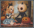 Cross stitch of a girl and a pumpkin character with pumpkins and autumn leaves in the background.