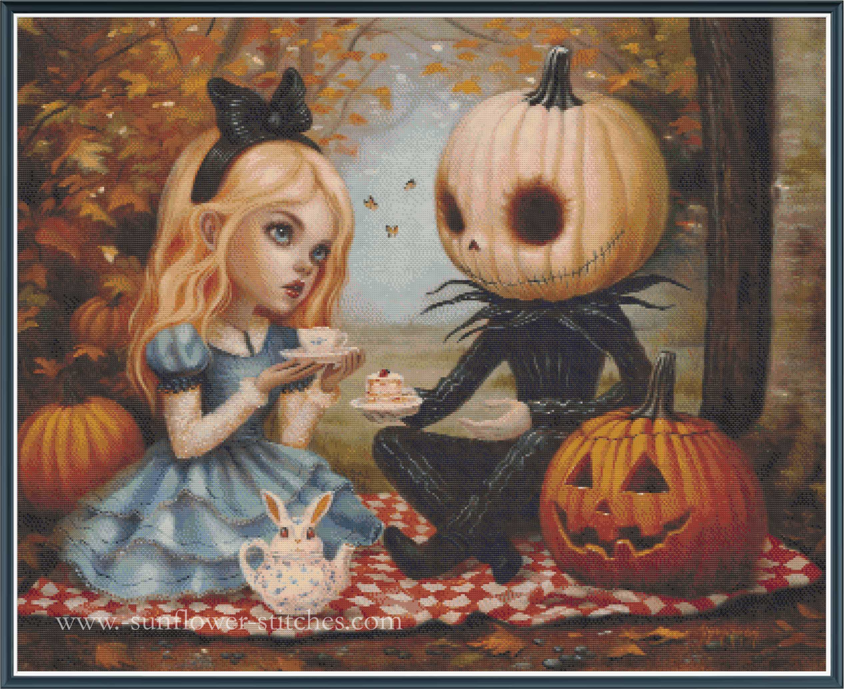 Cross stitch of a girl and a pumpkin character with pumpkins and autumn leaves in the background.