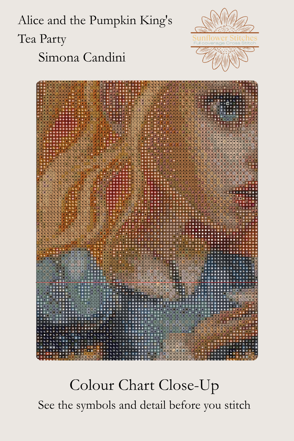 Alice and the Pumpkin King's Tea Party cross stitch colour chart symbol preview showing counted stitched grid detail of Alice with blonde hair and blue dress, Sunflower Stitches.
