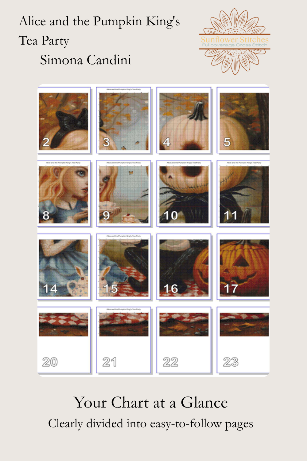 Alice and the Pumpkin King's Tea Party cross stitch pattern page map layout showing numbered chart section grid, Sunflower Stitches.