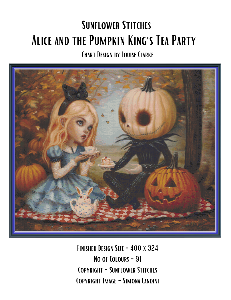 Cover of the Sunflower Stitches 'Alice and the Pumpkin King's Tea Party' chart design by Louise Clarke, featuring a central illustrated scene of Alice and the Pumpkin King at a tea party among pumpkins, on a white background with product text.