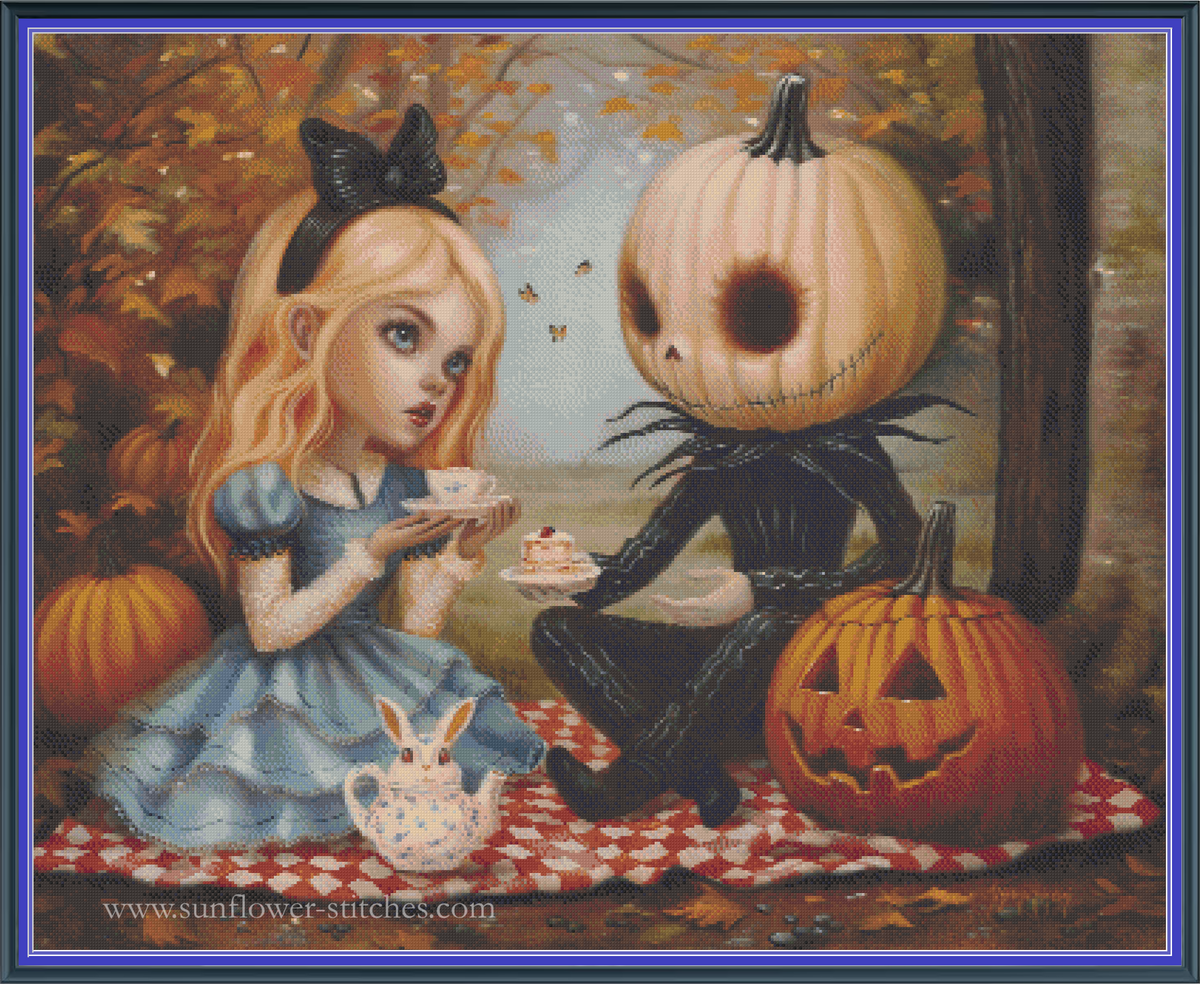 Alice and the Pumpkin King's Tea Party cross stitch pattern mock-up featuring Alice in a blue dress having tea with the Pumpkin King among pumpkins and autumn leaves, Sunflower Stitches.