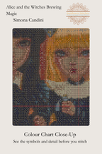 Alice and the Witches Brewing Magic colour chart close-up, showing symbols over Alice and a witch, Sunflower Stitches.