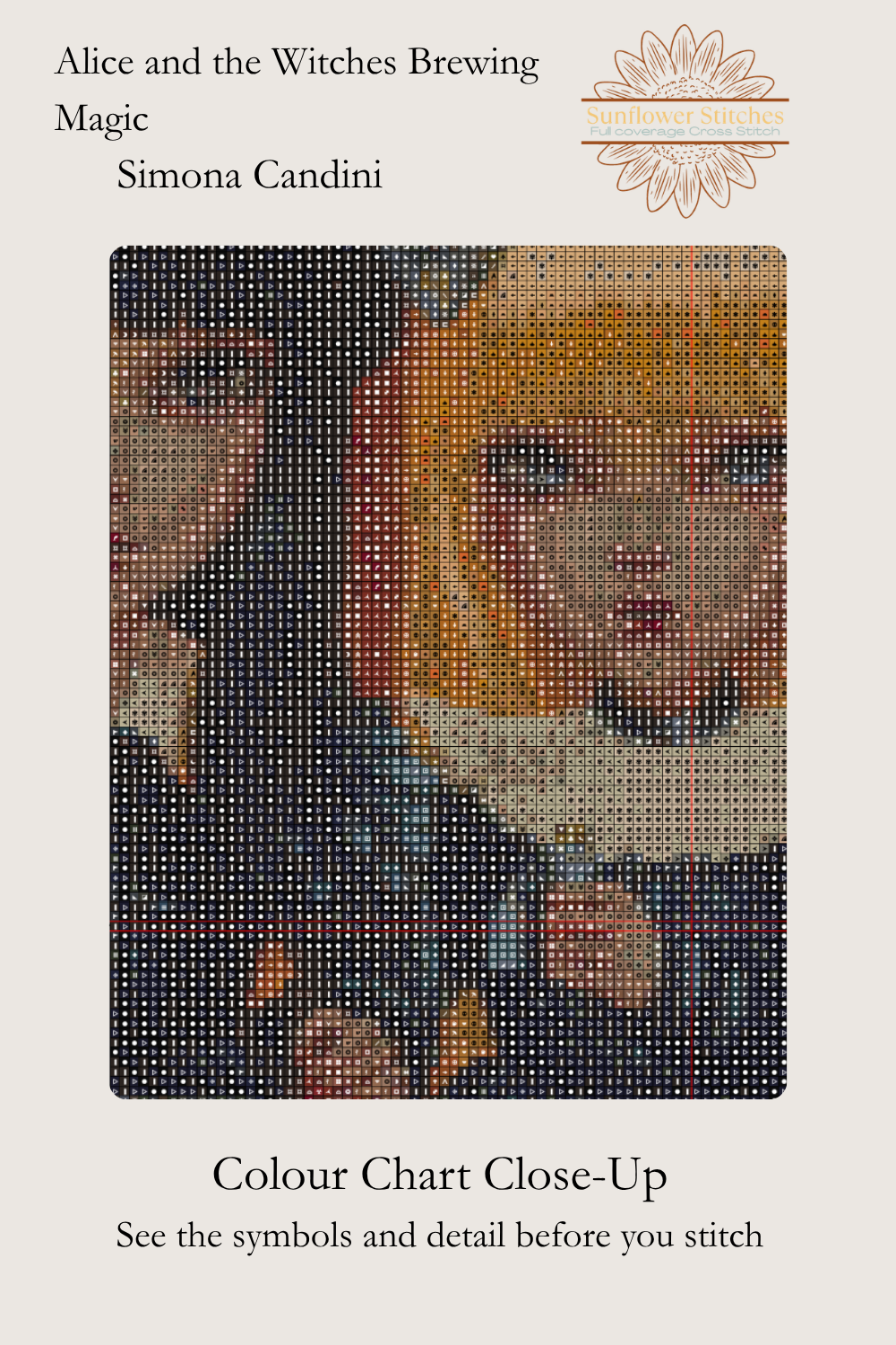 Alice and the Witches Brewing Magic colour chart close-up, showing symbols over Alice and a witch, Sunflower Stitches.