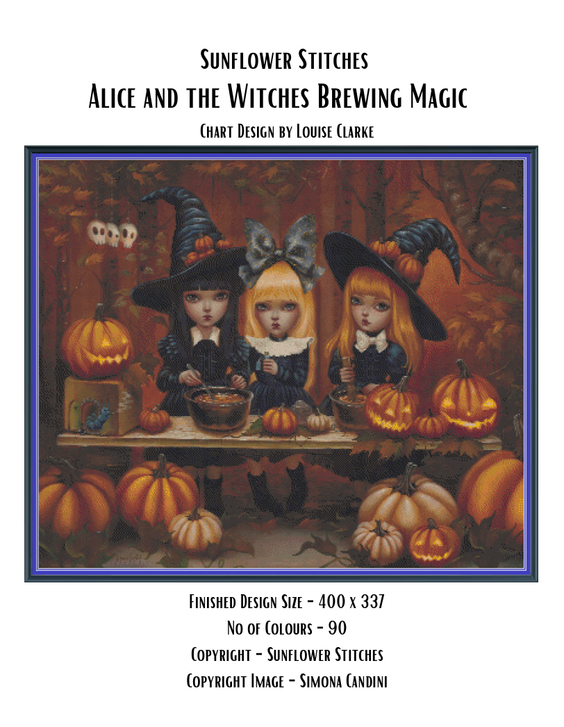Alice and the Witches Brewing Magic chart cover, showing three girls with cauldrons and carved pumpkins, Sunflower Stitches.