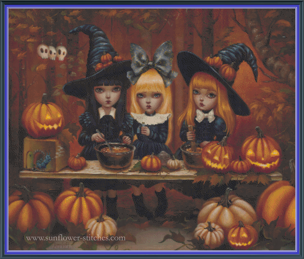 Alice and the Witches Brewing Magic cross stitch mock-up, showing cauldrons and glowing carved pumpkins, Sunflower Stitches.