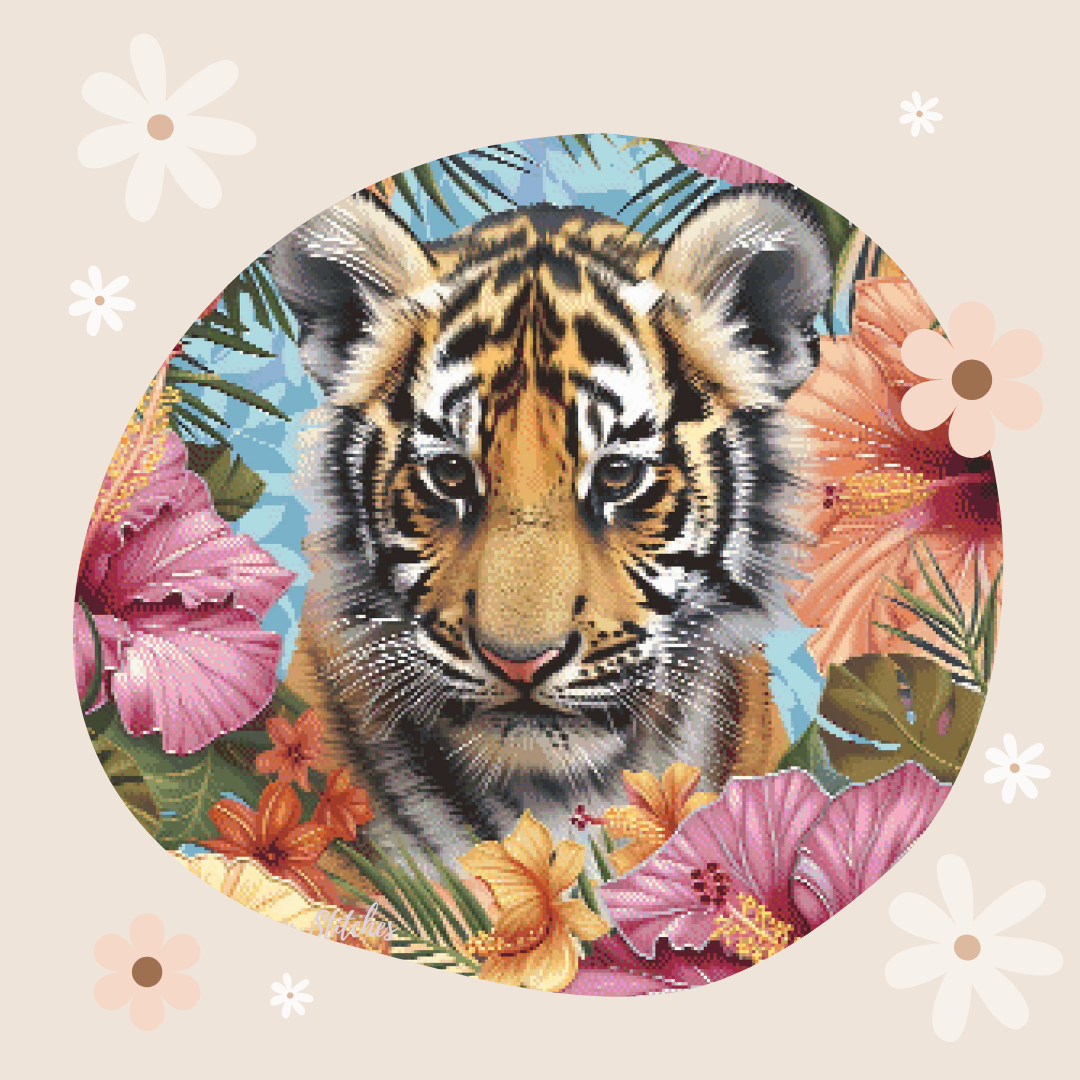A circular illustration of a tiger cub surrounded by tropical flowers and leaves, centered on a beige background with small white floral motifs.