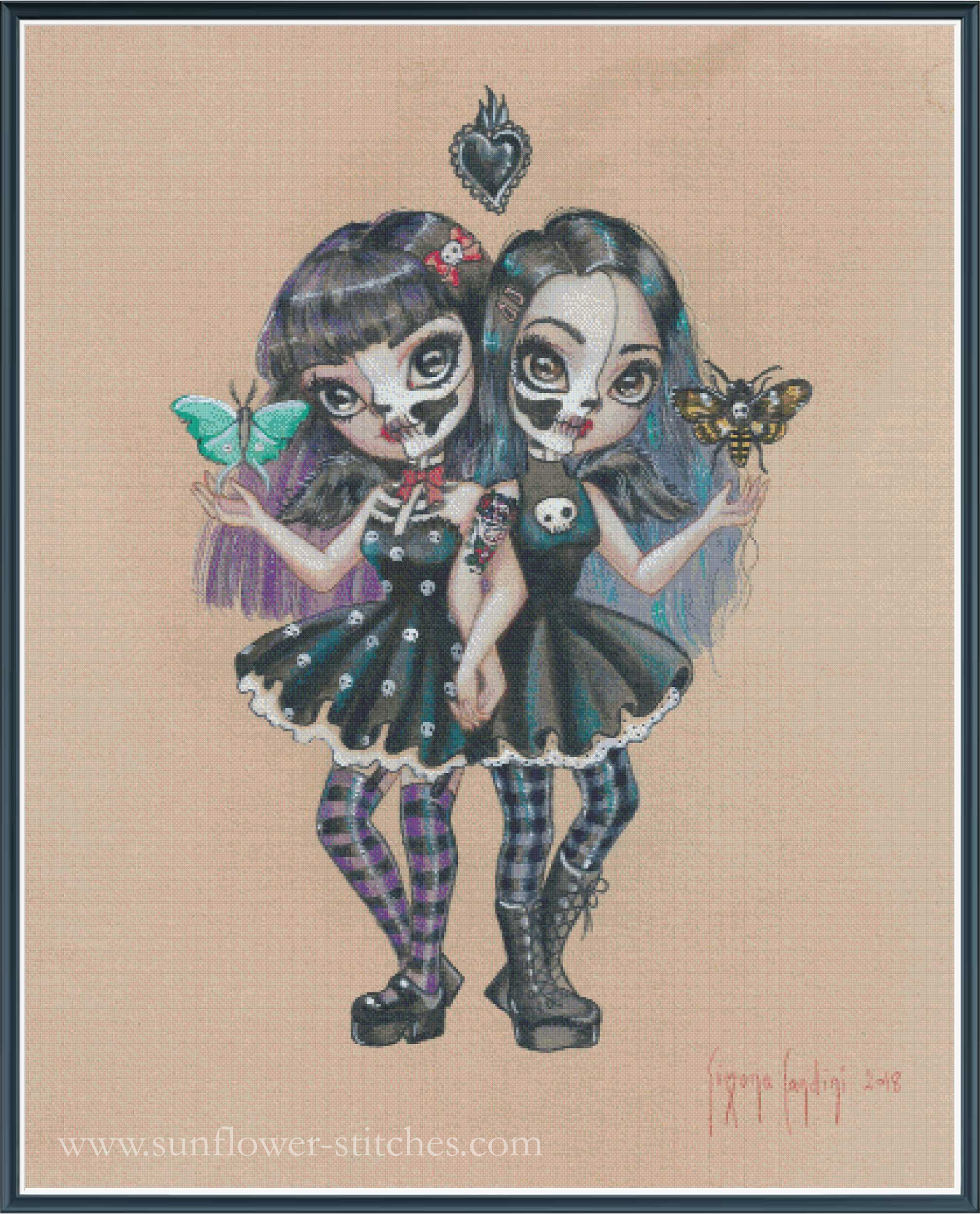 Two gothic-style characters holding butterflies on a beige background