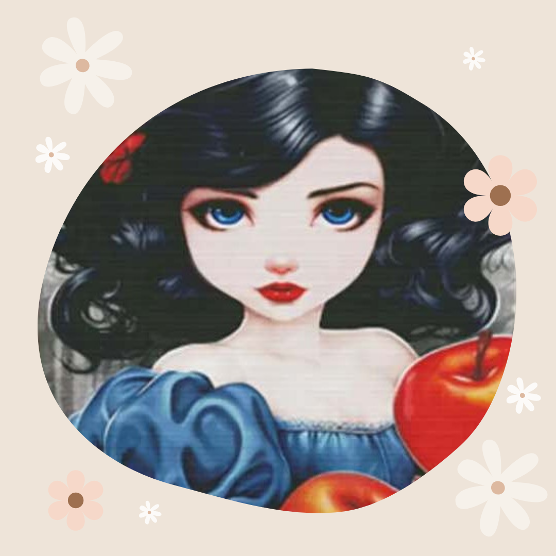 A stylized illustration of a young Snow White with large blue eyes, dark wavy hair, and a blue dress, holding red apples, centered inside a beige circular frame with decorative white and pink flowers around the border.