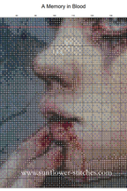 A Memory In Blood colour chart close-up, showing cross stitch symbols over the woman’s face and fingers, Sunflower Stitches.