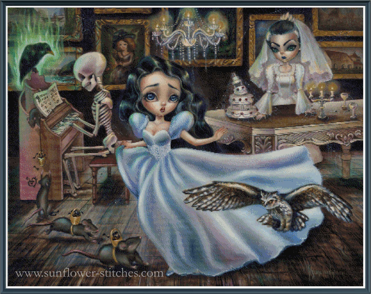 A cross stitch of a woman in a blue dress with a skeleton and owl, set in an ornate room.