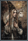 Fantasy cross stitch pattern featuring a young woman in a pointed witch hat with long blonde hair, holding a white sheep on her shoulders in a moonlit forest. 