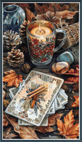 Stamped cross stitch design of  a candle, mug, cards, cinnamon sticks, and autumn leaves on a wooden surface.