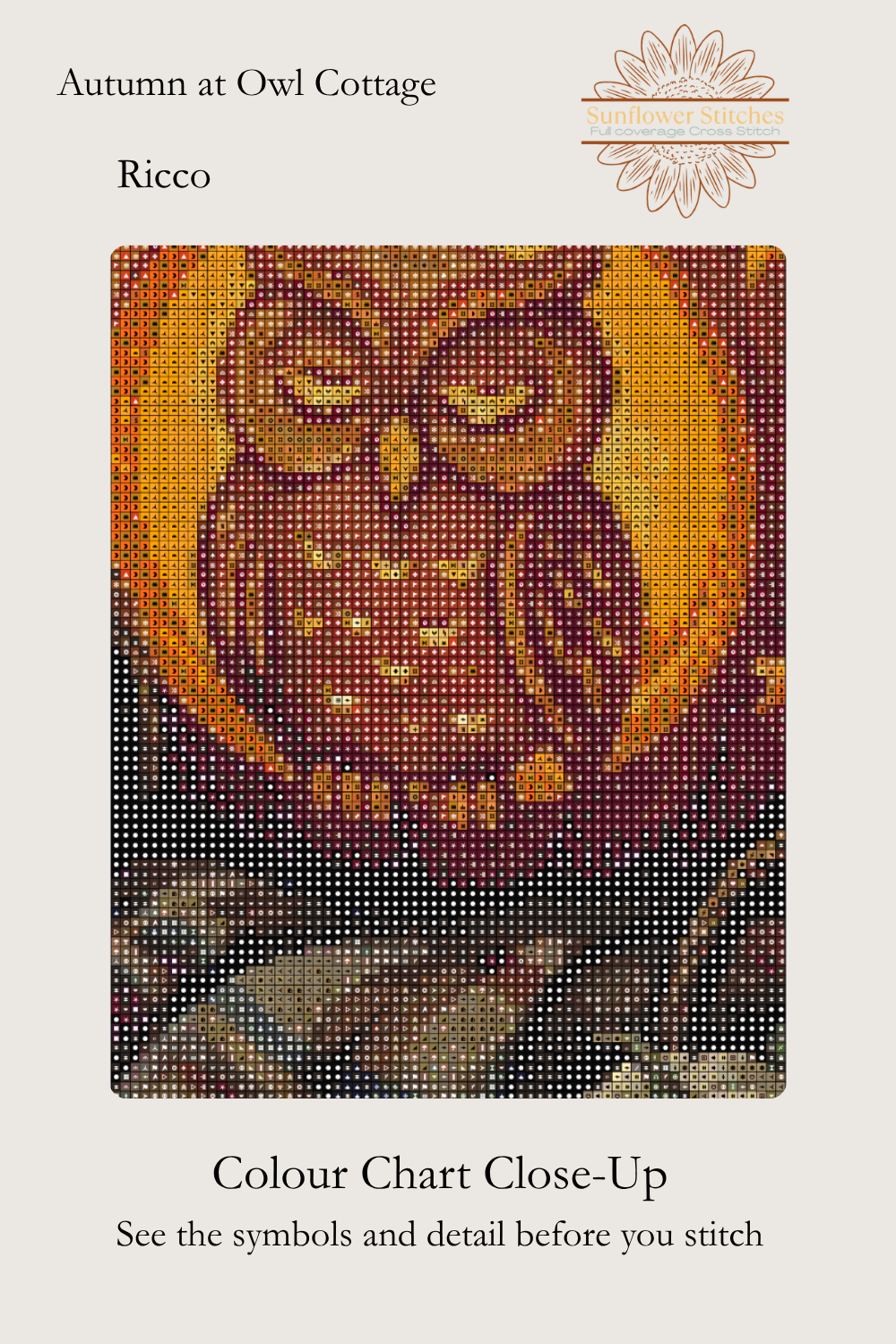 Autumn at Owl Cottage cross stitch colour chart symbol preview showing counted stitched grid detail of the carved owl pumpkin, Sunflower Stitches.