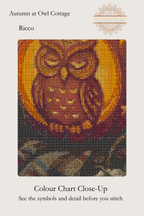Autumn at Owl Cottage cross stitch colour chart symbol preview showing counted stitched grid detail of the carved owl pumpkin, Sunflower Stitches.