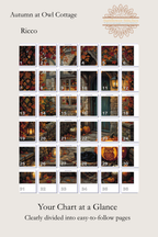 Autumn at Owl Cottage cross stitch pattern page map layout showing numbered chart section grid, Sunflower Stitches.