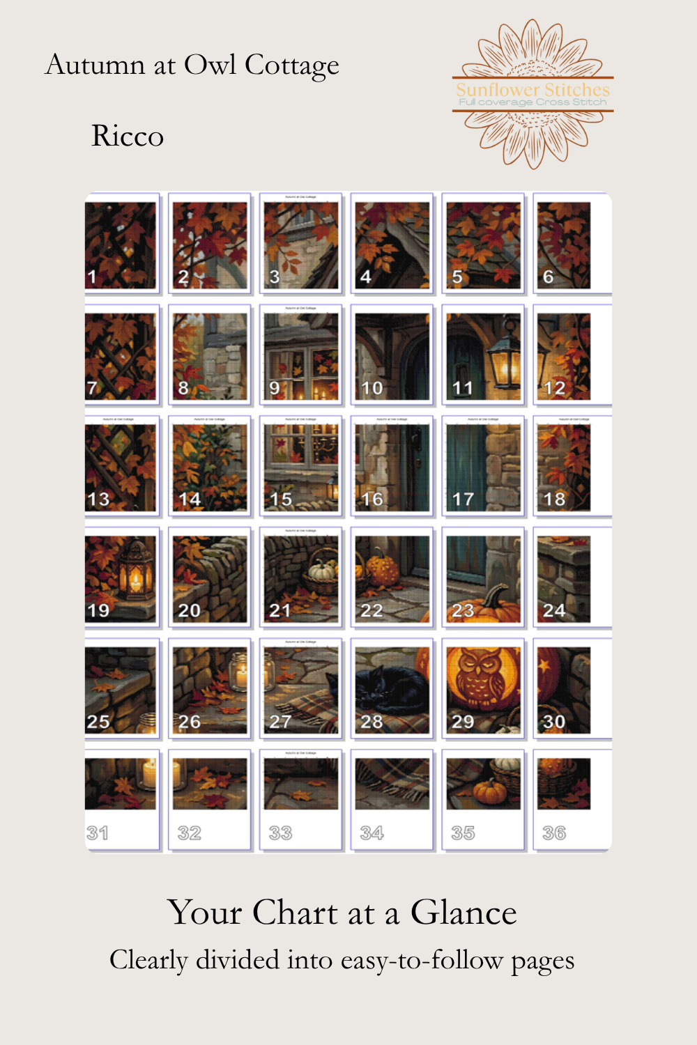 Autumn at Owl Cottage cross stitch pattern page map layout showing numbered chart section grid, Sunflower Stitches.