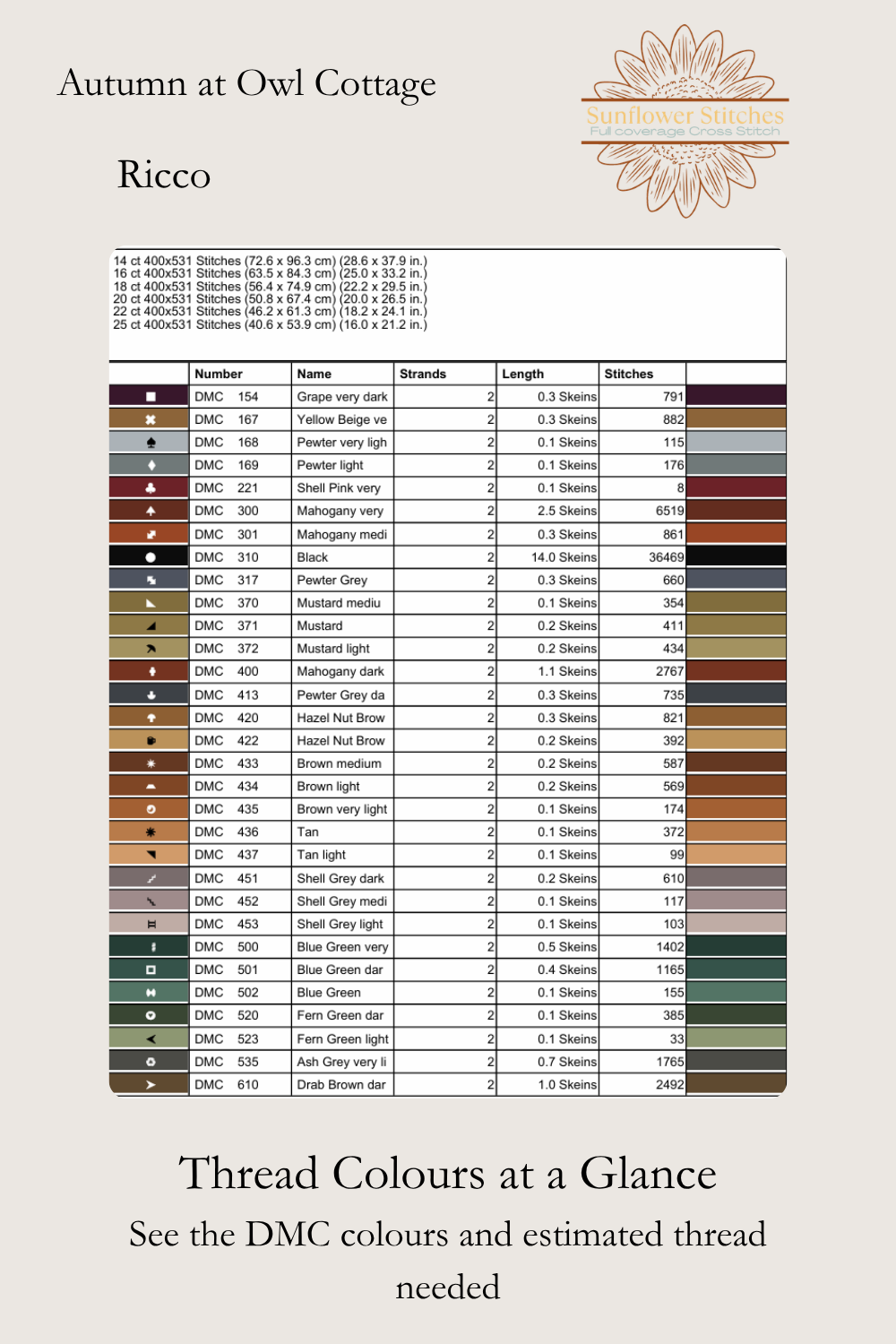 Autumn at Owl Cottage cross stitch DMC floss list preview showing thread colour codes and estimated usage, Sunflower Stitches.