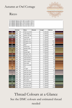 Autumn at Owl Cottage cross stitch DMC floss list preview showing thread colour codes and estimated usage, Sunflower Stitches.