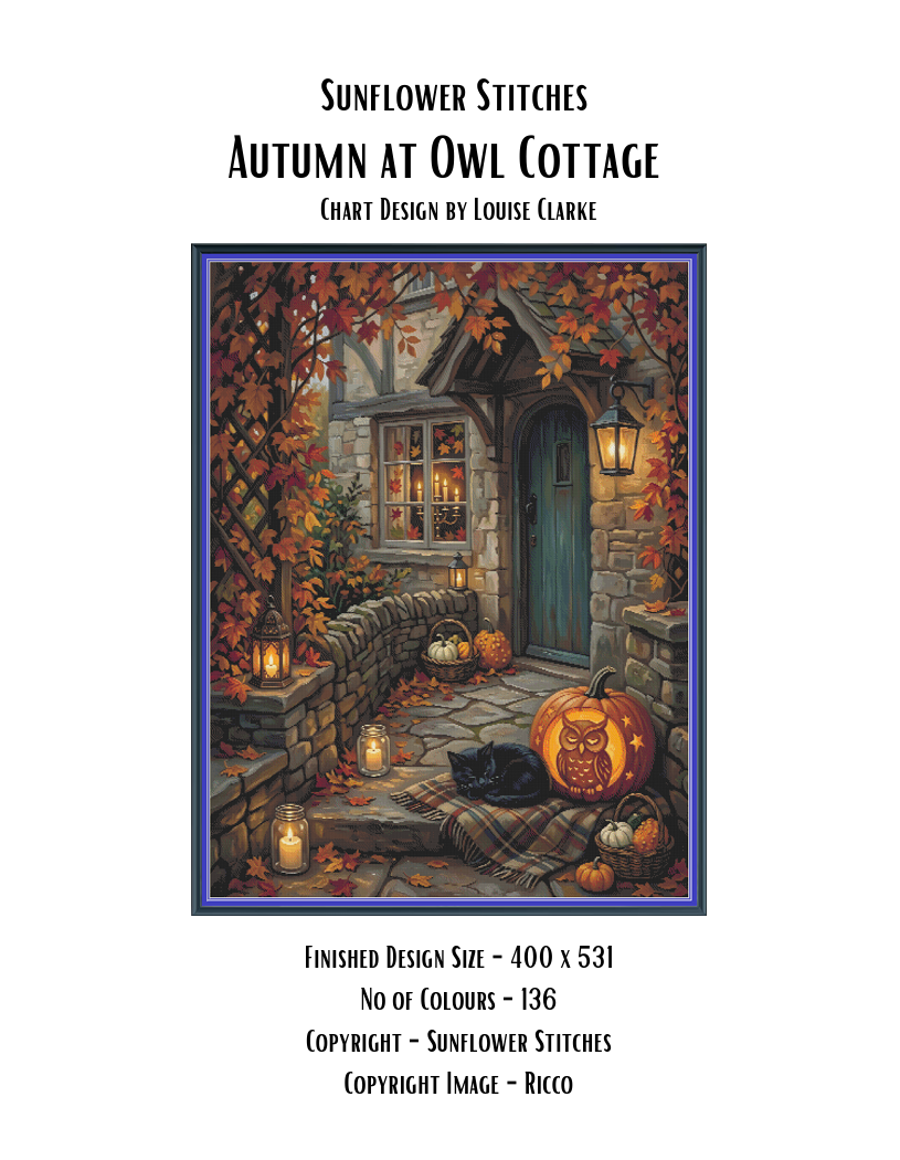 Autumn at Owl Cottage cross stitch pattern cover sheet preview showing design specifications and finished size details, Sunflower Stitches.