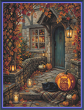 Autumn at Owl Cottage cross stitch pattern mockup featuring a stone cottage porch with glowing candlelight, an owl carved pumpkin, and a sleeping black cat on a plaid blanket, artwork by Ricco.