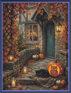 Autumn at Owl Cottage cross stitch pattern mockup featuring a stone cottage porch with glowing candlelight, an owl carved pumpkin, and a sleeping black cat on a plaid blanket, artwork by Ricco.