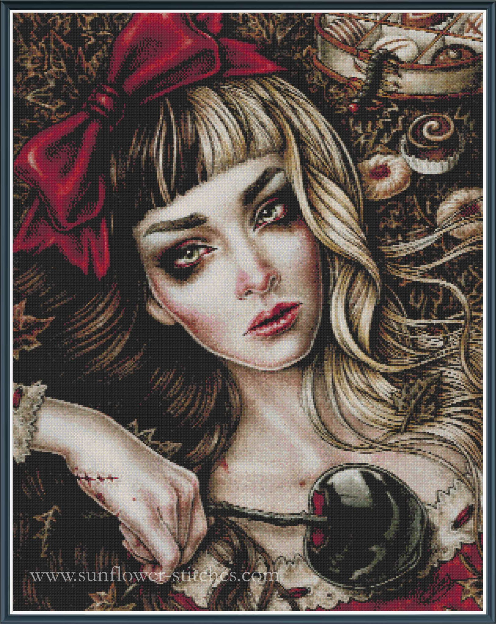 Cross stitch of a woman with a red bow and a dark, intricate background