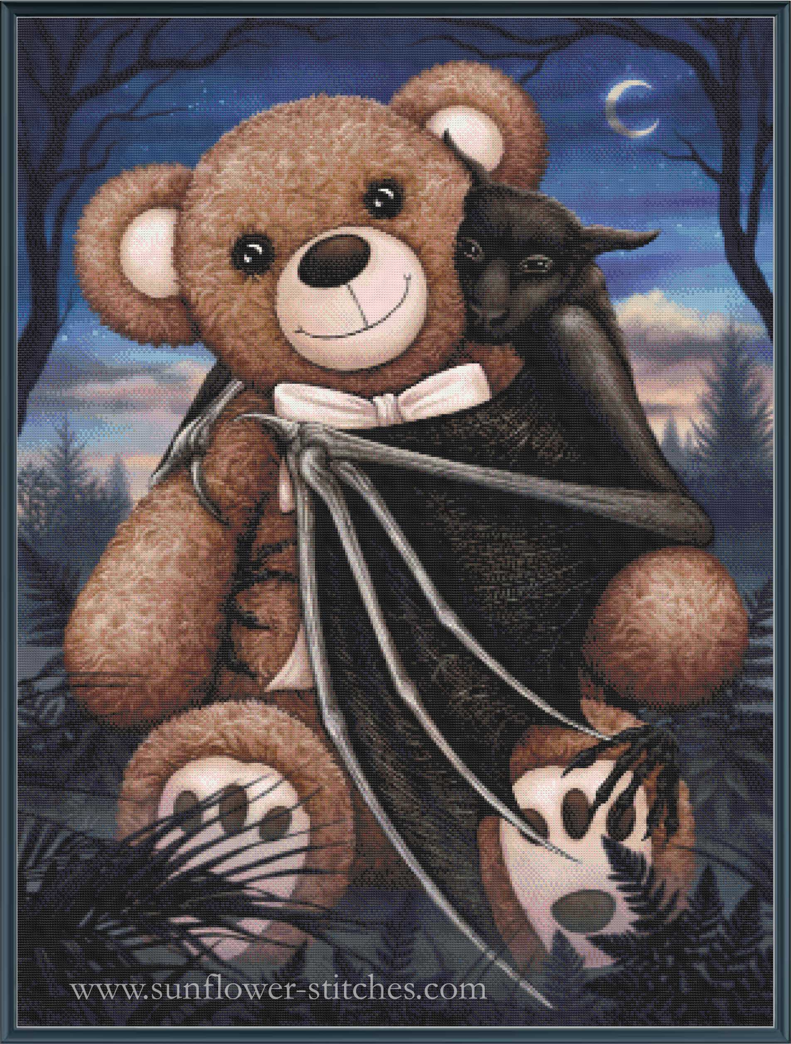 A square floral cross-stitch design featuring a brown teddy bear holding a black bat, set against a dark forest night scene with a crescent moon. 