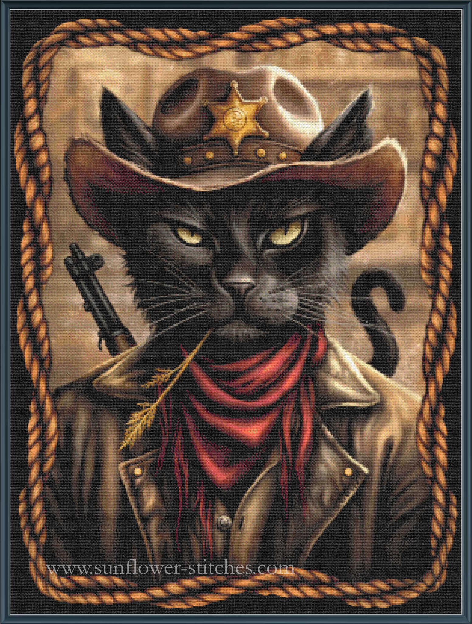 A western-themed cross stitch of a black cat dressed as a sheriff, wearing a brown cowboy hat with a gold star badge, a red bandana, and a brown jacket, with a rope border around the artwork.