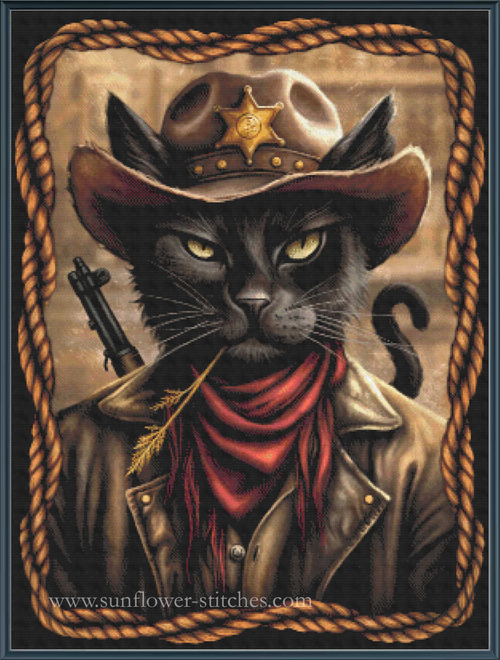 A western-themed cross stitch of a black cat dressed as a sheriff, wearing a brown cowboy hat with a gold star badge, a red bandana, and a brown jacket, with a rope border around the artwork.