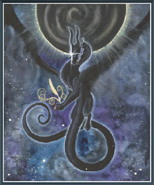 Artistic depiction of a snake-like creature with a crescent moon and starry sky background