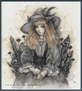 A gothic-style cross stitch of a young woman with long wavy blonde hair, wearing a wide-brimmed hat, dark dress, and bow, seated among large crystals and mushrooms on a watercolor-textured beige background.