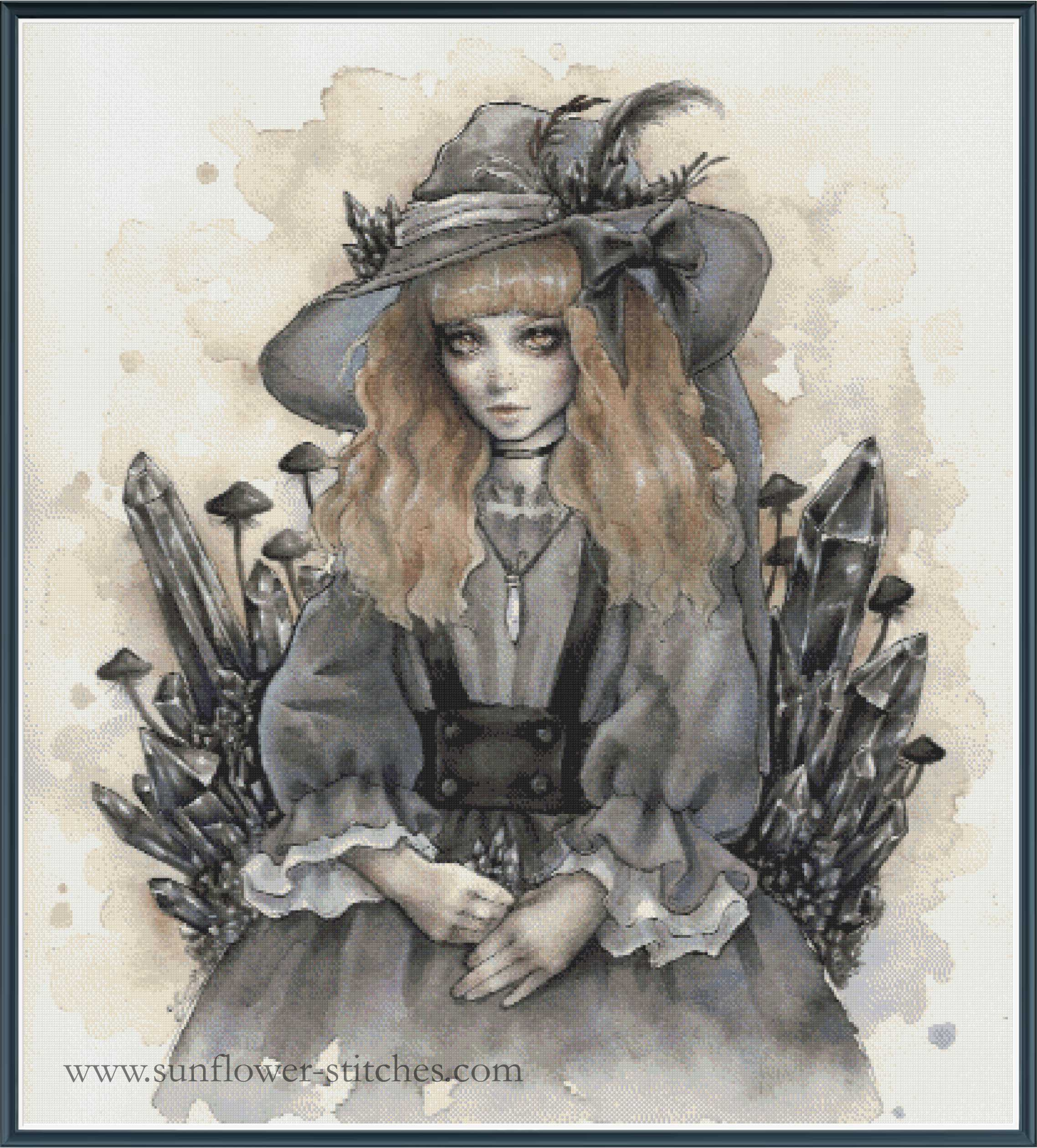 A gothic-style cross stitch of a young woman with long wavy blonde hair, wearing a wide-brimmed hat, dark dress, and bow, seated among large crystals and mushrooms on a watercolor-textured beige background.
