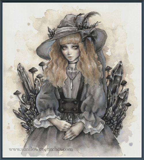 A gothic-style cross stitch of a young woman with long wavy blonde hair, wearing a wide-brimmed hat, dark dress, and bow, seated among large crystals and mushrooms on a watercolor-textured beige background.