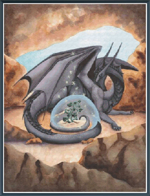 Dragon guarding a crystal ball with a plant inside on a rocky landscape.