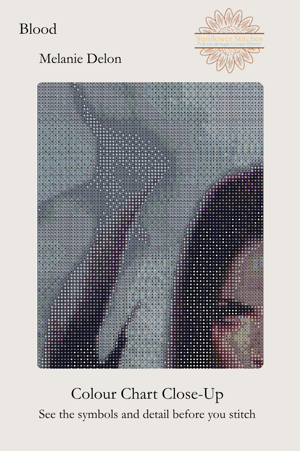 Blood cross stitch colour chart symbol preview showing counted stitched grid detail of the woman's hair and clothing, Sunflower Stitches.