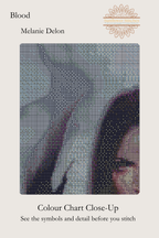 Blood cross stitch colour chart symbol preview showing counted stitched grid detail of the woman's hair and clothing, Sunflower Stitches.