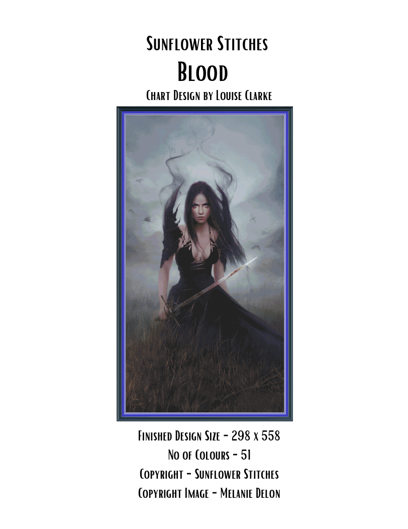 Blood cross stitch pattern cover sheet preview showing design specifications and finished size details, Sunflower Stitches.