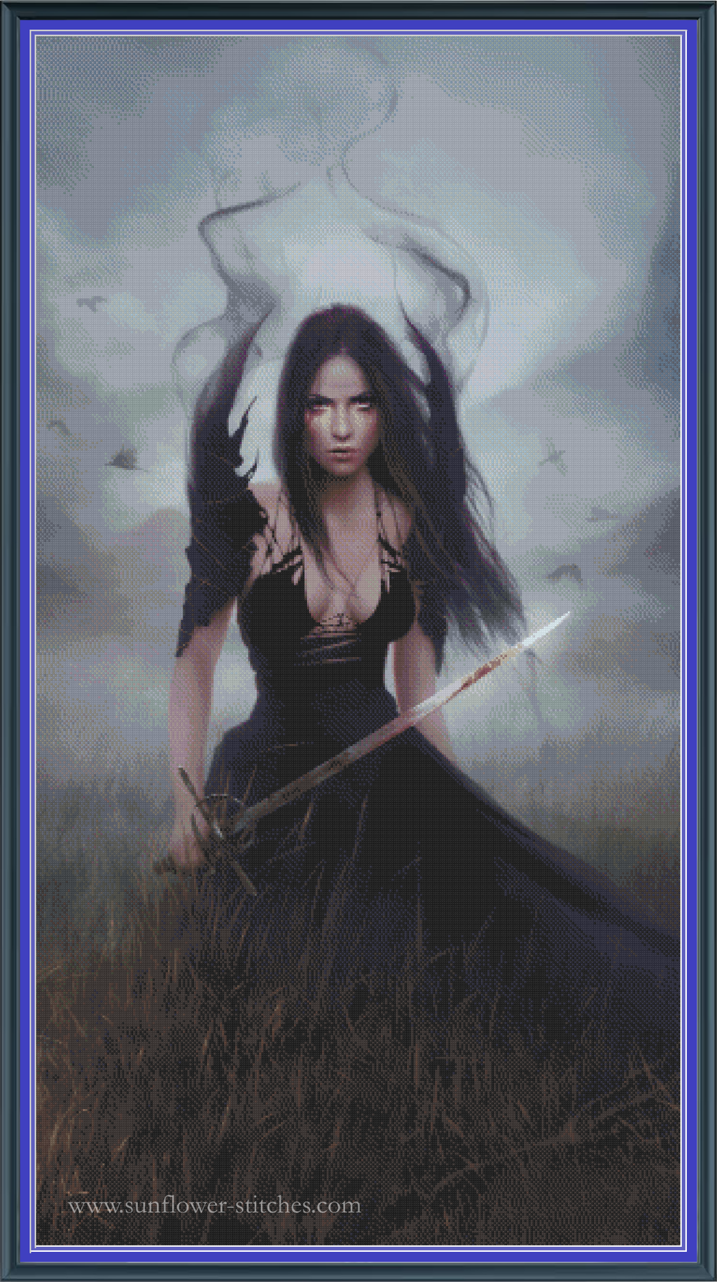 Blood cross stitch pattern mockup featuring a dark-haired woman in a black dress holding a sword in a misty field, artwork by Melanie Delon.