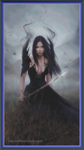 Blood cross stitch pattern mockup featuring a dark-haired woman in a black dress holding a sword in a misty field, artwork by Melanie Delon.