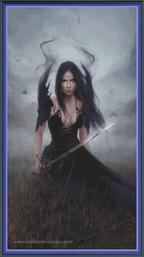 Blood cross stitch pattern mockup featuring a dark-haired woman in a black dress holding a sword in a misty field, artwork by Melanie Delon.