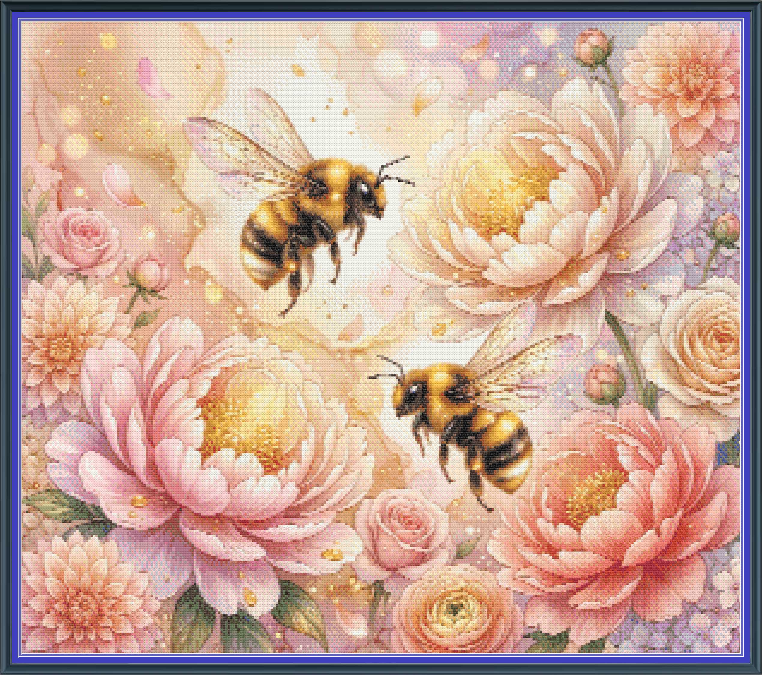 A square floral artwork featuring two bees flying among large pink and peach flowers on a soft pastel background, framed by a blue border.