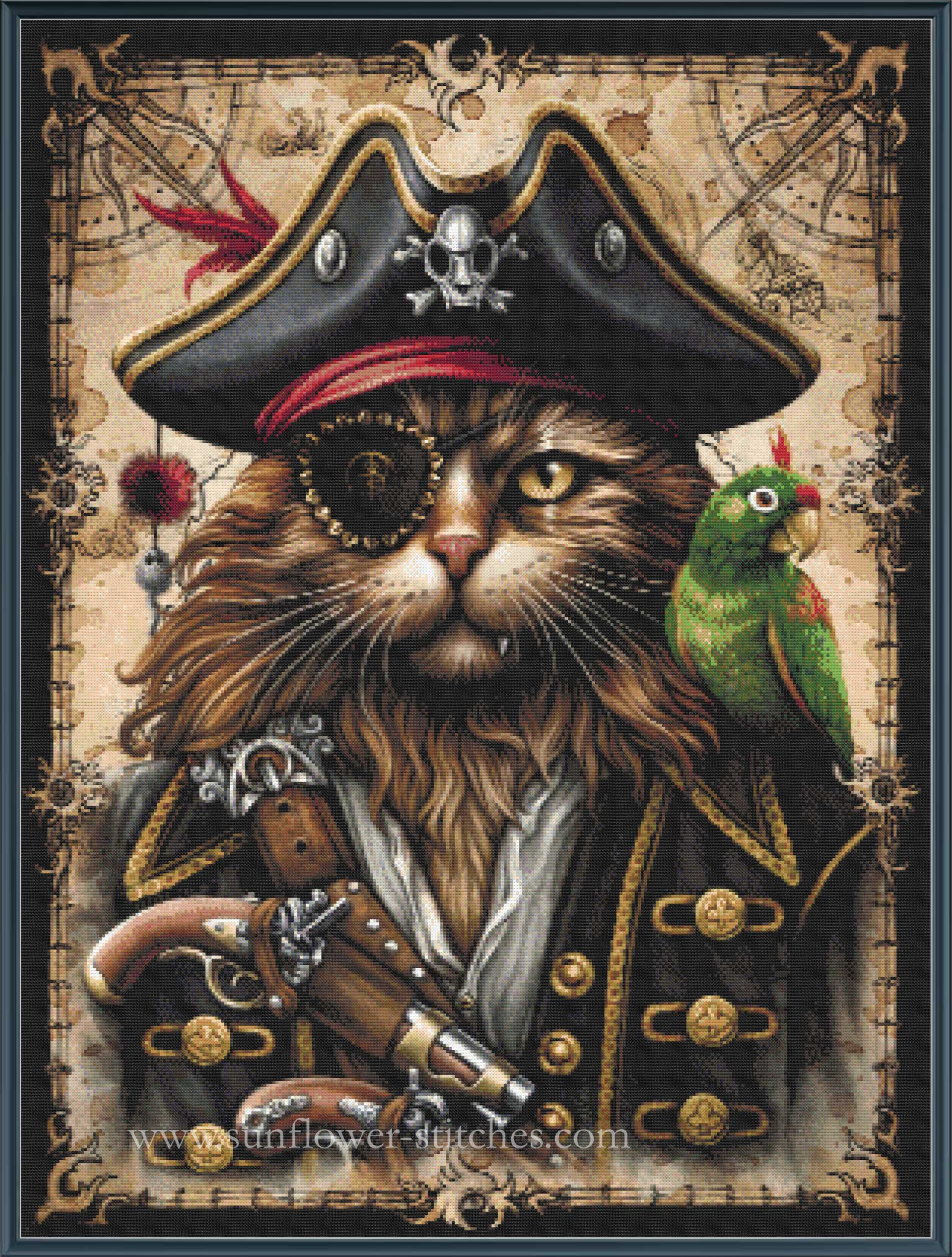 A pirate-themed cross stitch of a fluffy brown cat wearing a black tricorn hat with a skull emblem, an eyepatch, and a dark coat with gold buttons. A green parrot sits on the cat's shoulder, and a pistol is tucked under the coat.